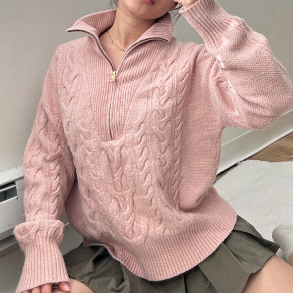 J. Crew Cable Knit Half Zip Sweater Supersoft Yarn Pink BD032 - Picture 3 of 6